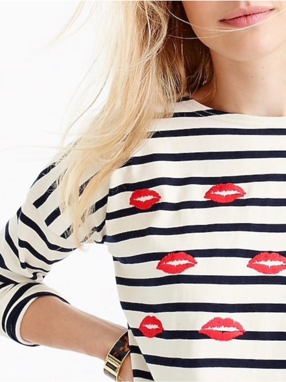 J.Crew Striped Lip Print Long Sleeve Tee Shirt Top Small